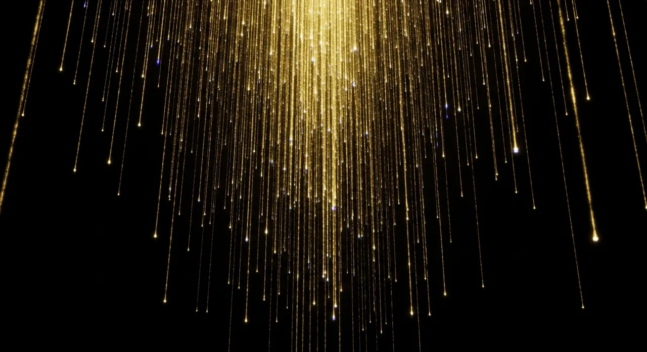 Cascading gold light strands like digital rain over black void
