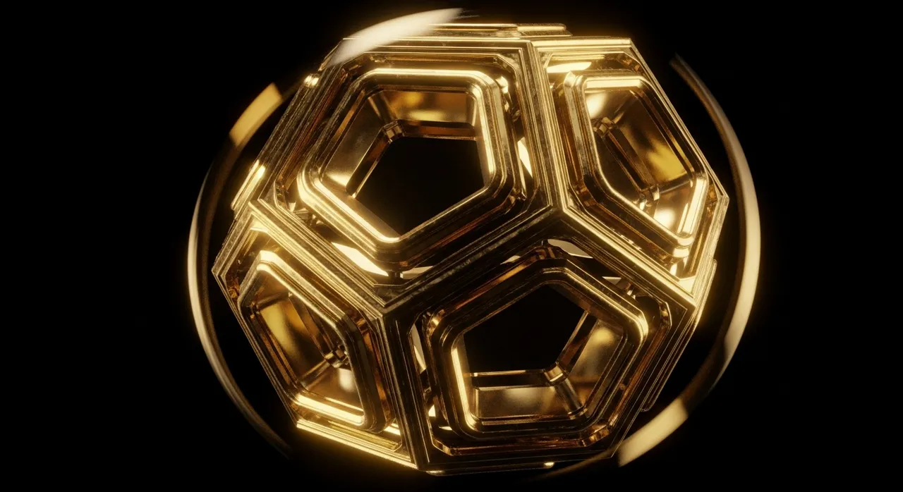 Gold geometric polyhedron rotating in dark space with sharp specular highlights