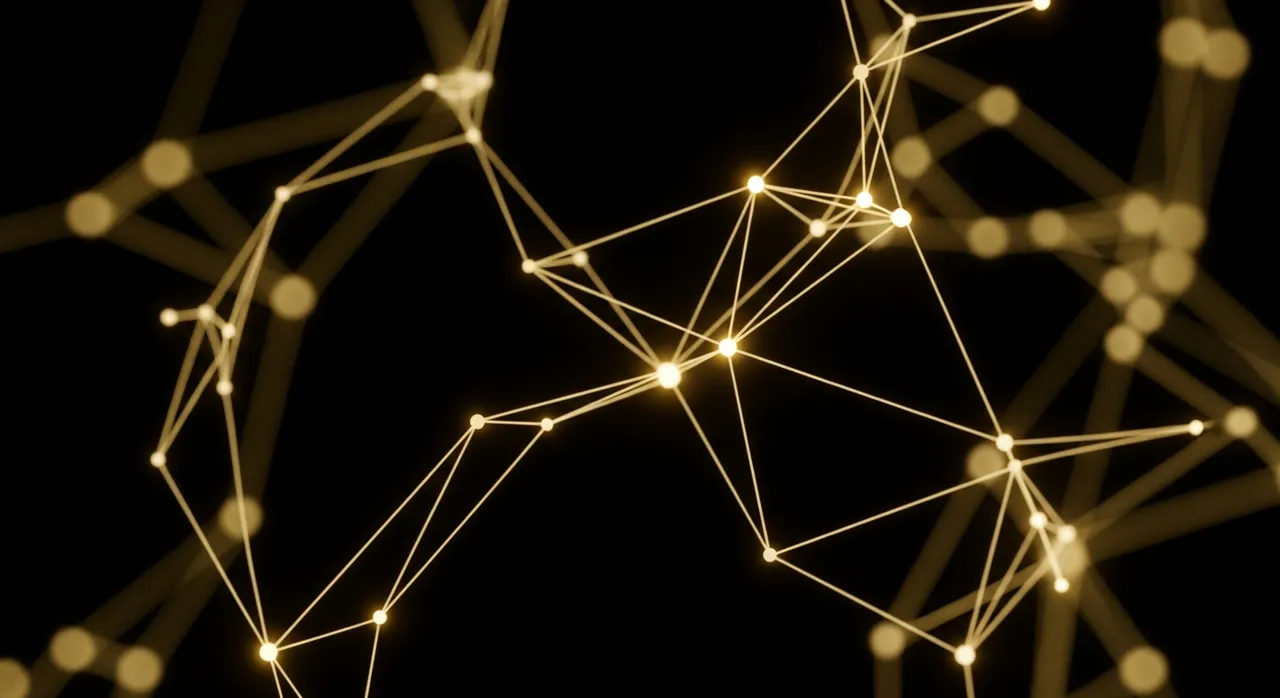 Gold network constellation connecting glowing nodes on jet black