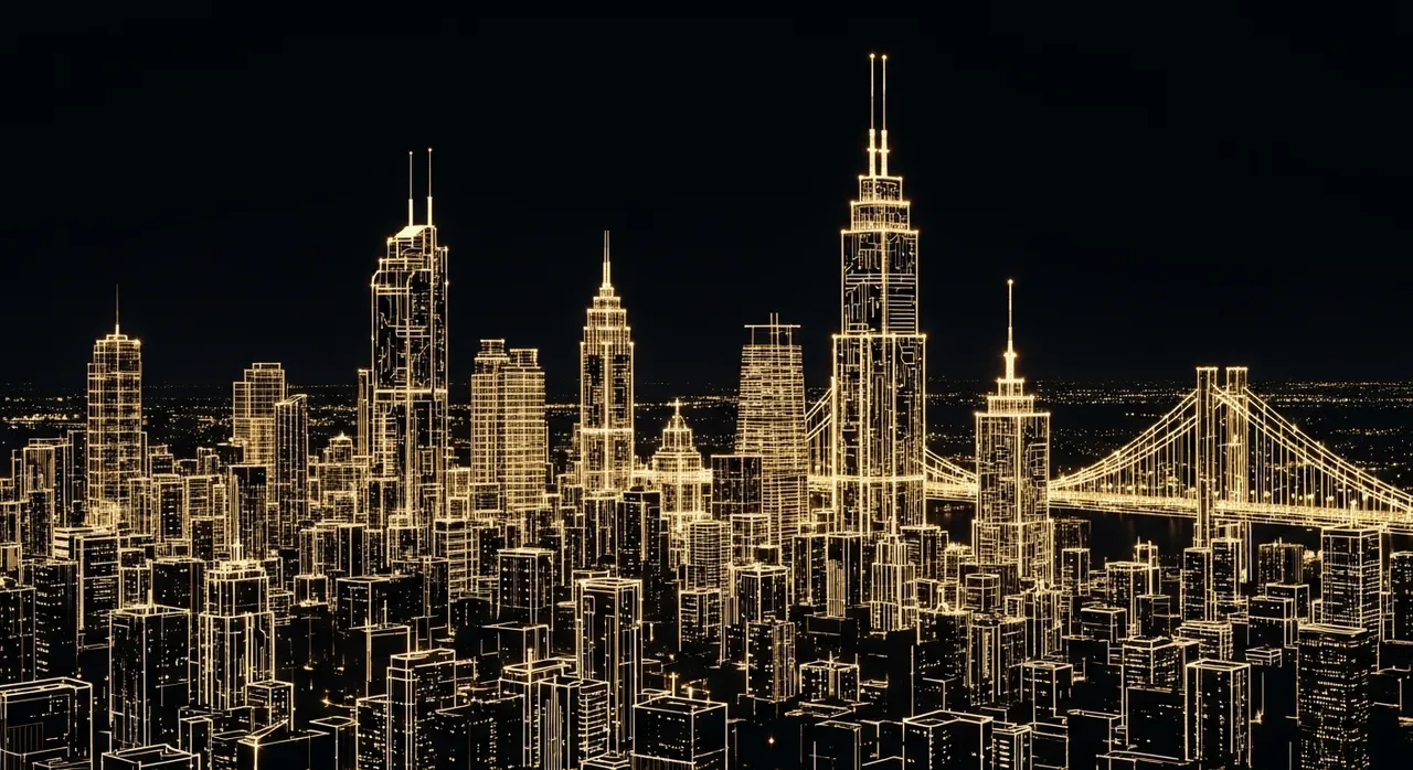 Dark cityscape skyline reimagined as glowing gold circuit lines