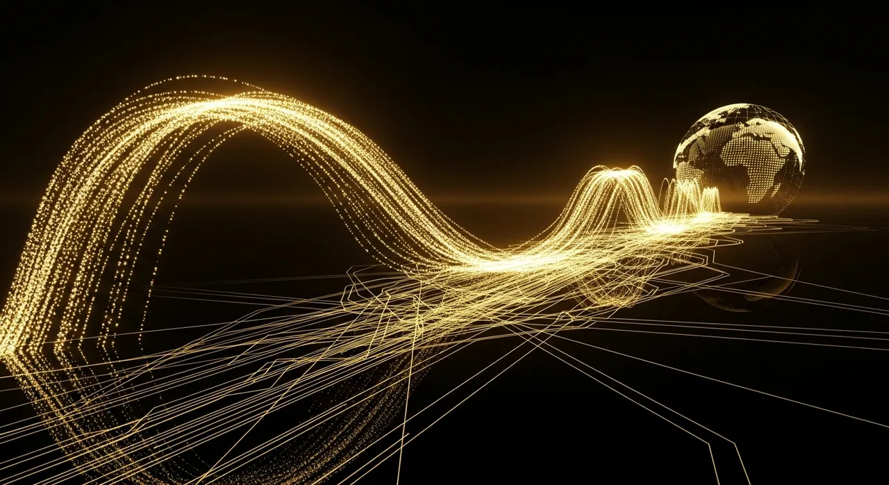 Glowing gold particle streams arcing across deep black space, suggesting a luminous global digital network
